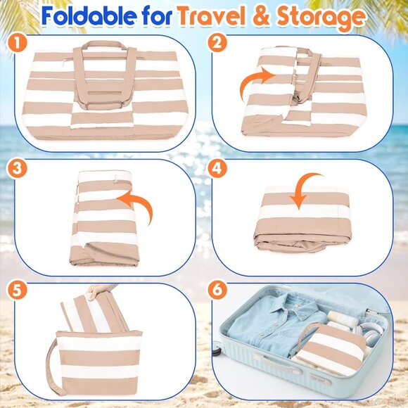 Women's Khaki White Waterproof Sandproof XL Tote Zipper Foldable Beach Bags - Picture 8 of 8